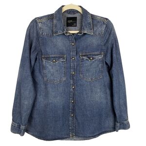 Zara Trafaluc Chambray Boho Pearl Snap Shirt XS Cowgirl Western